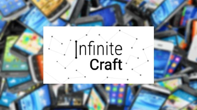 Infinite Craft logo atop a blurred backdrop featuring multiple mobile cell phones