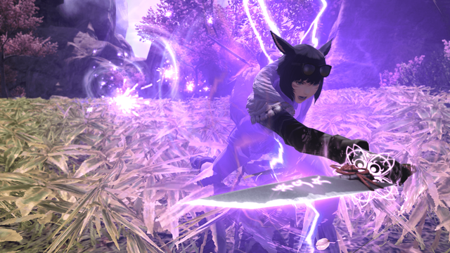 A screenshot of a Miqo'te Ninja using the Forked Raiju ability.