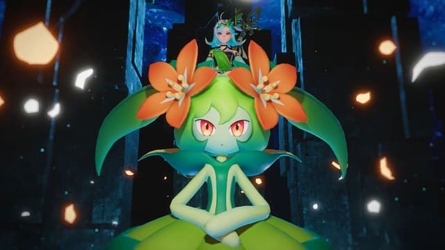A green Pal from Palworld, Lyleen, with a stern look on her face and two bright orange flowers atop either side of her head as petals float around her.