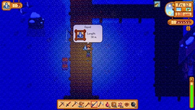 Catching a Squid during SquidFest in Stardew Valley.