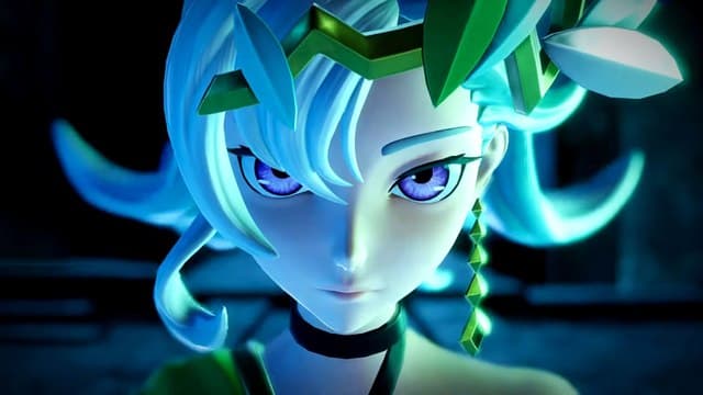 A woman with long white hair and pinkish-purple eyes glares ahead, a green crown upon her head and one green earring dangling from her left ear