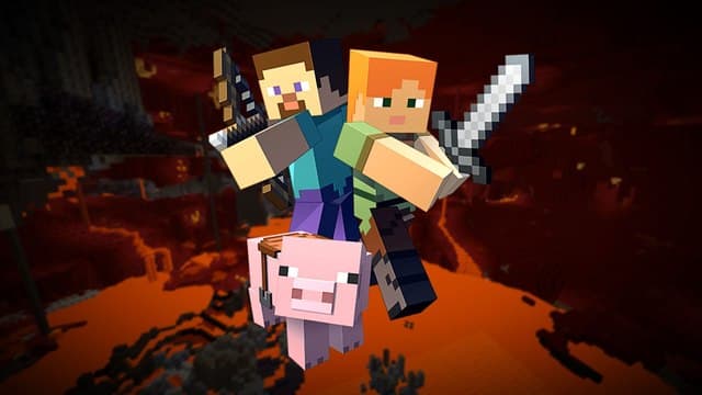Minecraft Distant Horizons Guide: Three blocky figures including a brown-haired male, red-haired female, and pink pig, stand together against a lava-ridden backdrop featuring the Nether