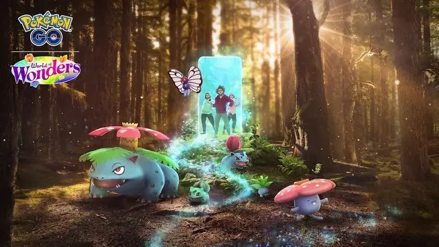 Three trainers exit a phone screen into a forest surrounded by Pokemon.