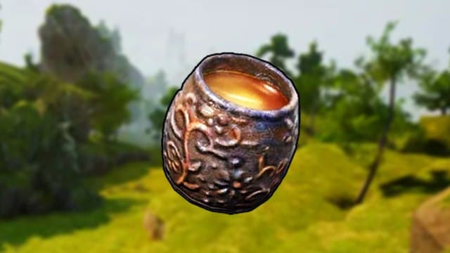 An intricately decorated jar of honey against a grassy, rocky backdrop in Palworld