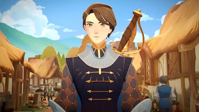 AFK Journey cinematic showing a young man with short brown hair and a sword at his back walking through a medieval-like village