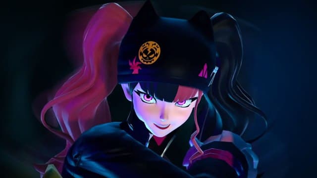 A girl with half-black, half-pink hair done up in pigtails and a black leather coat smirks, her pink eyes seemingly sparkling.