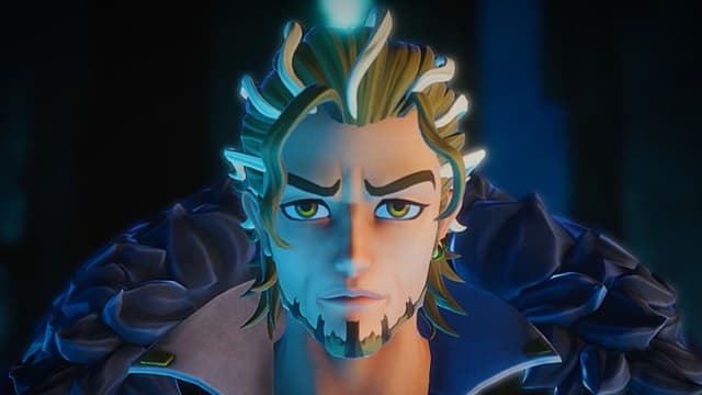 A Palworld boss called Marcus stares ahead with a stern expression, his long blond hair tied back behind him and a big, black fur coat atop his shoulders.