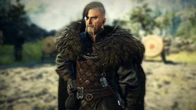 Dragon's Dogma 2 man with short grey hair and brown leather armor stands with a hand on one hip