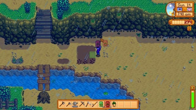 Planting strawberry seeds in Stardew Valley.