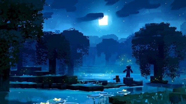 Minecraft concept art showing a night sky and bright moon in a watery swamp-like setting with two shadowy figures