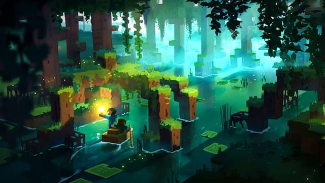 Minecraft cross-play: Two characters on a wooden boat float down a river in a dimly lit mangrove swamp forest