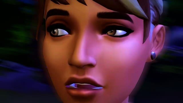 Sims 4 expansions: A close-up of a woman with dark, short hair's face as she worriedly looks to her right side with her mouth slightly open